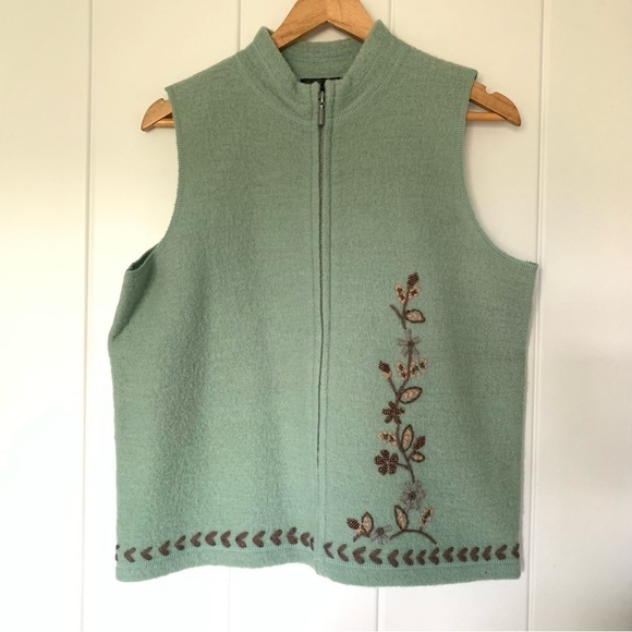 Vintage Sigrid Olsen 100% Wool Zip Sweater Green Beaded Embroidered Vest - Picture 1 of 6